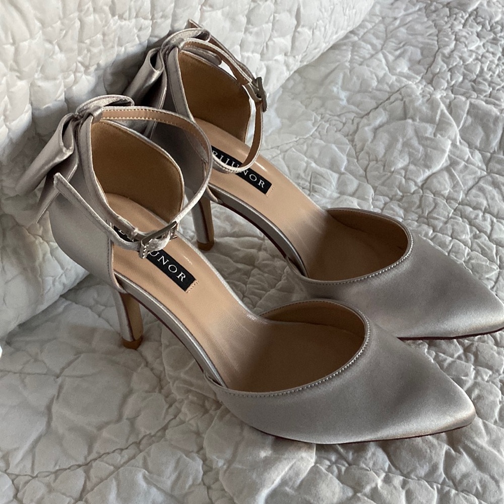 Silver Satin Evening Heels with Bow Knot Ankle Strap